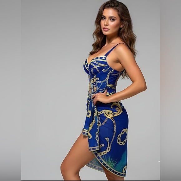 Blue Chain Print Push Up One Piece Swimsuit With Beach Skirt - Picture 4 of 11